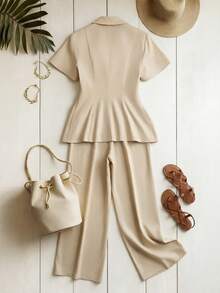 Franclia 女士时尚休闲仿口袋套装 - 卡其色 - 查看 2