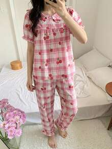 女童格子印花荷叶袖樱桃刺绣短袖上衣和裤子两件套休闲家居服 - 粉色 - 查看 6