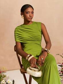 Zivah 2026春夏新款音乐节、复活节、圣帕特里克节、情人节、约会、西部风情、游牧风、生日派对、毕业典礼、大学、学生、日常穿着、百搭基础款、休闲、度假、邮轮旅行、海滩、日光浴、爆款、街头风、婚礼宾客波西米亚风、通勤、早午餐、机场、派对、假日郊游、办公室穿着 绿色不对称袖褶皱腰A字型长裙 - 綠色 - 查看 3