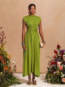 Zivah 2026春夏新款音乐节、复活节、圣帕特里克节、情人节、约会、西部风、游牧风、生日派对、毕业典礼、大学、波西米亚风、通勤、早午餐、机场、派对 V领短袖褶皱腰A字长裙，露背设计，不对称下摆，绿色 - 綠色 - 查看 4