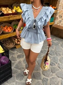 Weeklong 大码女式荷叶边下摆甜美风衬衫，春夏款 - 霧霾藍 - 查看 3