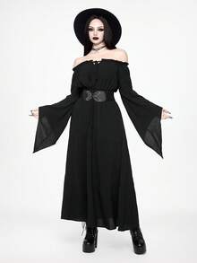 ROMWE Goth 女士哥特式露肩喇叭袖收腰连衣裙 - 黑色 - 查看 8