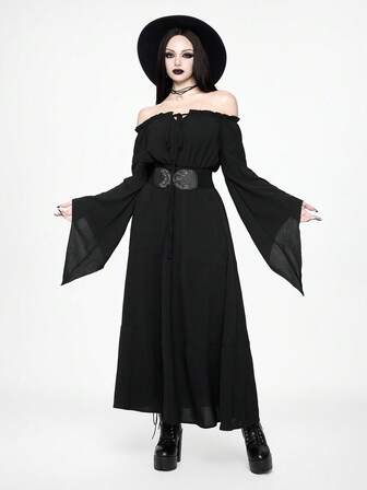 Damen Gothic Off-Shoulder Kleid mit Glockenärmeln und geraffter Taille