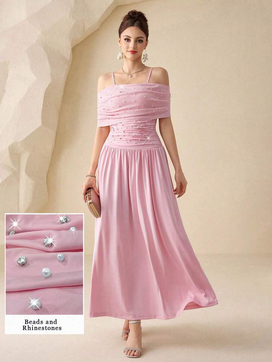 Modelyn 女士高端褶皱露肩粉色连衣裙，小众串珠腰部优雅长裙