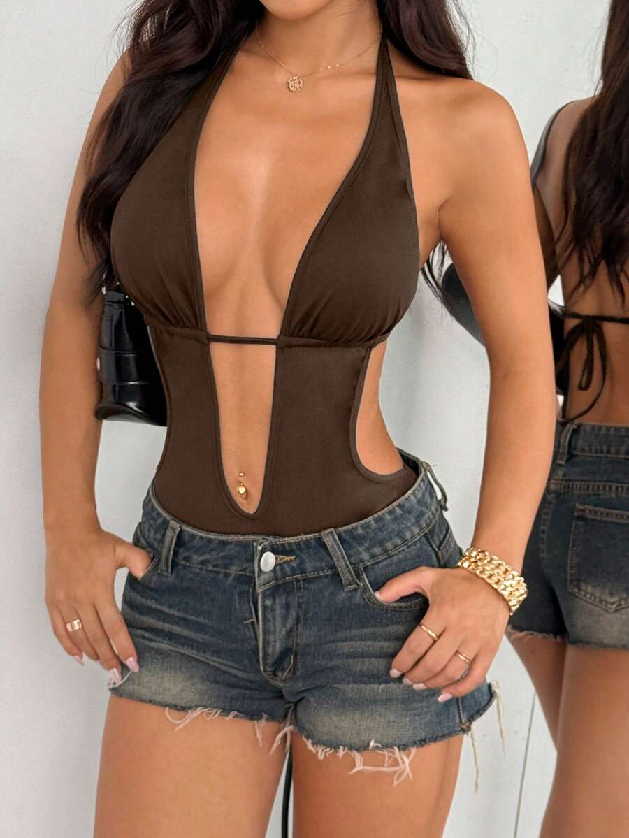 Flirla 黑色深V领露背系带连体衣，超弹力，柔软舒适，性感休闲，适合海滩、日常、夏季穿着。 - 棕色 - 查看 1