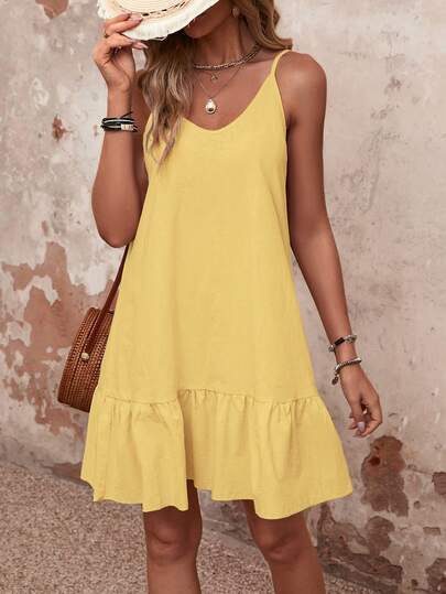 SHEIN VCAY Summer Casual Solid Color Ruffle Strap Dress