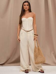 SHEIN X YERIMUA SHEIN BAE Áo lót bralette tối giản, chất liệu pha lanh, kiểu dáng vintage, thích hợp cho kỳ nghỉ thư giãn, nghỉ mát ở biển, du lịch miền Nam nước Pháp, Ý, Ibiza, áo lanh, áo mặc đi làm, áo lót bralette mặc thường ngày. - Màu be - Xem 3