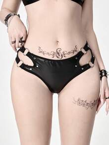 ROMWE Grunge Punk 哥特朋克风PU皮革金属环三角内裤 - 黑色 - 查看 1