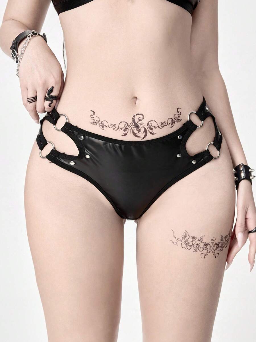 ROMWE Grunge Punk 哥特朋克风PU皮革金属环三角内裤 - 黑色 - 查看 1