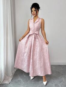 Elenzga 优雅无袖A字连衣裙，花卉提花面料，系带腰身，前开襟，修身剪裁，适合工作和休闲场合，春夏款 - 粉色 - 查看 6