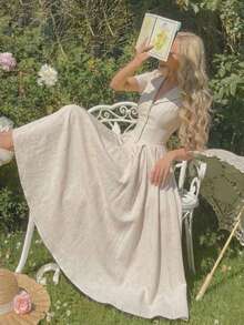 SHEIN MOD Váy midi xếp ly màu mơ có cổ - Màu be - Xem 3