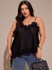 SHEIN BAE Plus Size Women Lace Satin Blouse, Suitable For Dates And Parties,Women's Sexy Satin Solid Color Contrast Lace Asymmetric Hem Cami Black Top,Sexy Top,Halloween Costume,Party,,Vacation Dress,Elegant Top,Sexy Dress,Top For Ladies,Formal Top Plus Size,Curves Women Clothing,Wedding Guest Top ,Summer,Elegant Top For Party,Graduation ,Vacation,Birthday Party Top,Valentine's Day,Valentine Outfits For Women - Black - View 5