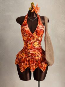 Zestiva Women's 2 Pieces Swimsuit, Fashionable Waist Ruched Front Deep V-Neck Halter Cake Skirt, Summer - Orange - View 1