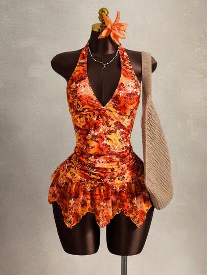 Zestiva Women's 2 Pieces Swimsuit, Fashionable Waist Ruched Front Deep V-Neck Halter Cake Skirt, Summer