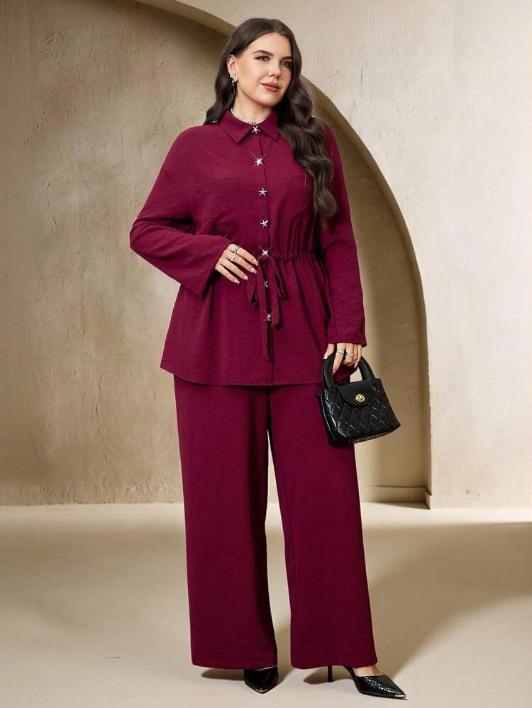 Veilorie Ensemble 2 pièces casual pour femmes grandes tailles, chemise à manches longues à simple boutonnage avec étoile de mer en métal et pantalon - Rouge foncé - Voir 6