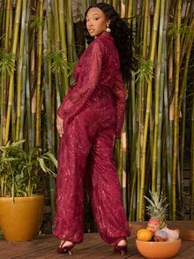 NYA SZN Jumpsuit Long Sleeve Collar Plunge Neck Loose Straight Leg Cargo Pocket Red Sequin Tie Detail Festive Holiday Christmas NYE New Years Eve Easter Valentine's Day Winter Spring Summer Event Party Date Occasion Luxury Outfits For Women - Burgundy - View 2