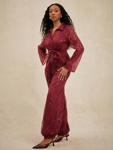 NYA SZN Jumpsuit Long Sleeve Collar Plunge Neck Loose Straight Leg Cargo Pocket Red Sequin Tie Detail Festive Holiday Christmas NYE New Years Eve Easter Valentine's Day Winter Spring Summer Event Party Date Occasion Luxury Outfits For Women - Burgundy - View 4