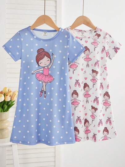 2pcs/Set Girls Cute Cartoon Sheep Print Nightgown Pajama Set, Minimalist Fashion Pink & Gray, Sleepwear