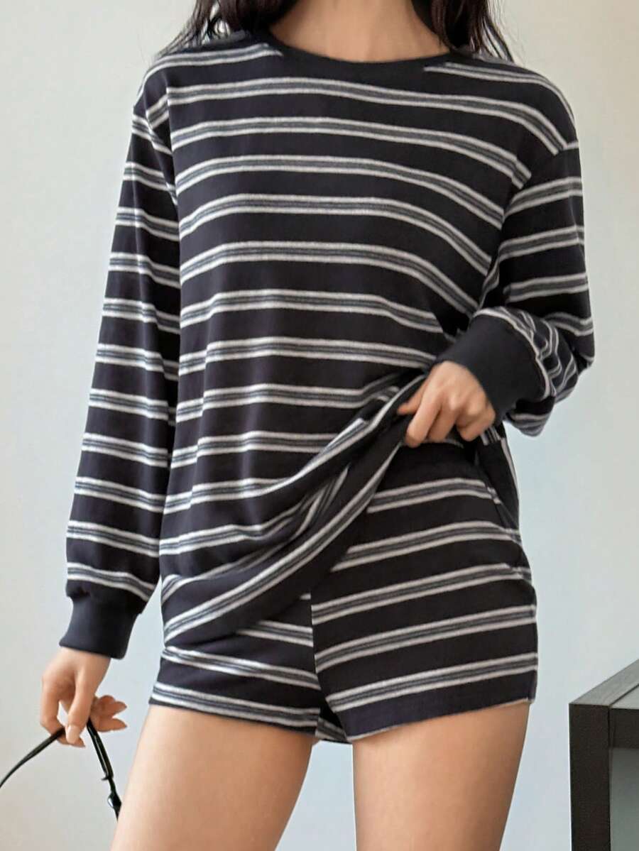 DAZY Conjunto de ropa de estar en casa informal de punto a rayas para mujer - Azul - Ver 1