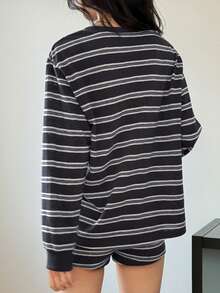 DAZY Conjunto de ropa de estar en casa informal de punto a rayas para mujer - Azul - Ver 2