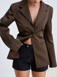 Aveloria Modichic Commuting Elegant Design Sense Backless Sexy Satin Luster Waist Cinching Long Sleeve Lapel Women's Blazer - Brown - View 1