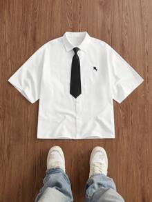 SWAVVY 男士休闲日常通勤学院风简约百搭骑士刺绣落肩宽松白衬衫配领带 - 白色 - 查看 3