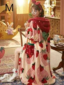 1pc Strawberry Print Hooded Fleece Bathrobe, Long Sleeve Warm Thick Button Closure Loungewear With Pockets, Women Sleepwear For Home, Bathroom, Spa, Salon, Hotel, Gym, Autumn - Multicolor - View 6