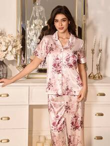 LuxeNights Set Piyama Cardigan Lengan Pendek Berkerah Bahan Sutra Imitasi Motif Bunga Elegan untuk Wanita - MultiWarna - View 7