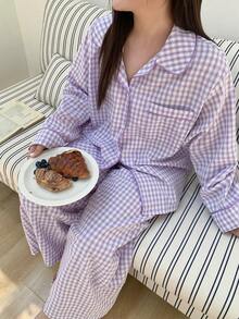 Dazy Plus 2 piezas Conjunto de pijama a cuadros, parte superior holgada con solapa y pantalones largos, traje de ropa de dormir para primavera, verano y otoño - Morado - Ver 2