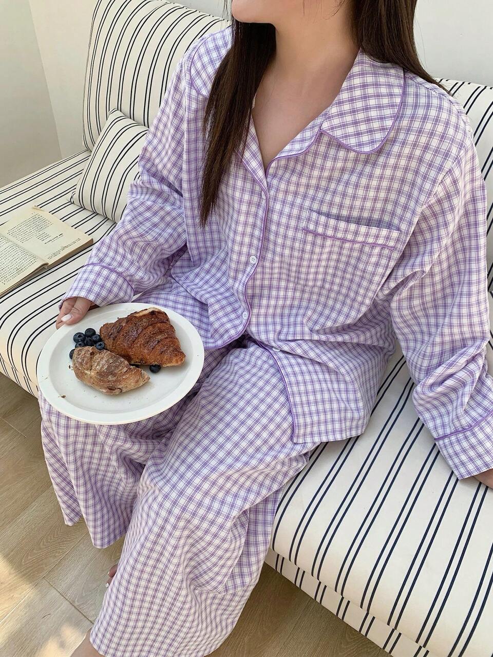 Dazy Plus 2pcs Plaid Pajama Set, Loose Lapel Top And Long Pants, Sleepwear Suit For Spring, Summer And Autumn