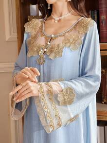 PalaceNights Vintage Palace Style Round Neck Half-Placket Elaborate Floral Decor & Beaded Lace Trim Women Nightgown - Blue - View 1