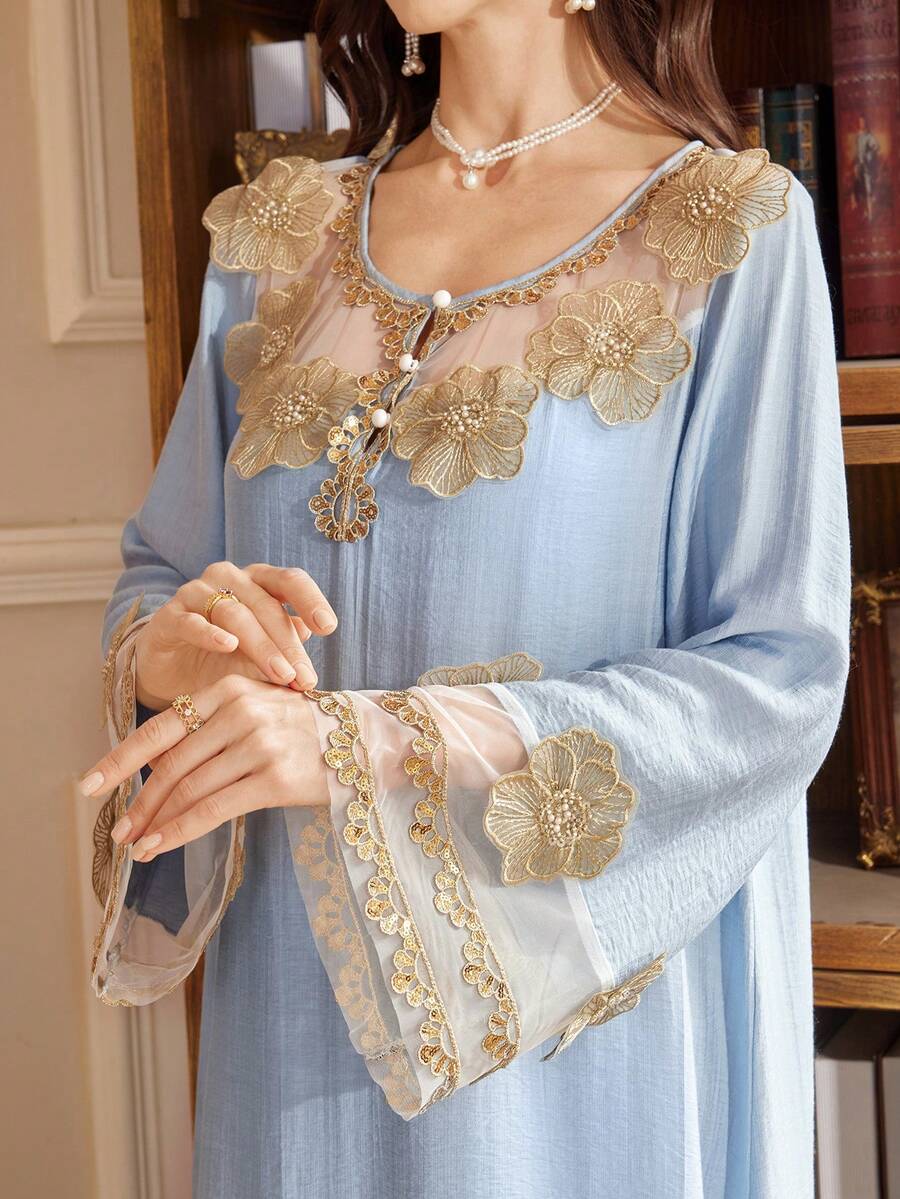 PalaceNights Vintage Palace Style Round Neck Half-Placket Elaborate Floral Decor & Beaded Lace Trim Women Nightgown - Blue - View 1