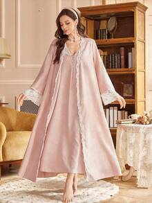 PalaceNights 一套女士时尚提花蕾丝边长袖长袍+无袖睡裙睡衣套装 - 粉色 - 查看 5