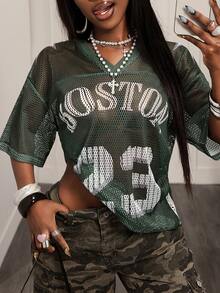 BamGleam 女士网眼T恤，休闲运动宽松短袖上衣，绿色数码印花，春季新品度假波西米亚性感纯色格子条纹休闲款，夏季，夏季上衣，夏季，夏季假期，女士夏季，女士夏季，春季，春季女士，春假，春季，春季，春季春季女士，春季女士，度假女士，女士假期，夏季假期，女士度假，假期，假期，夏季假期，女士海滩度假绿色网眼上衣 - 軍綠色 - 查看 1