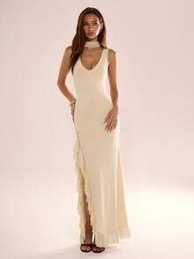 Avenya V-Neck Ruffle Hem Sleeveless Casual Dress With Side Slit - Apricot - View 4