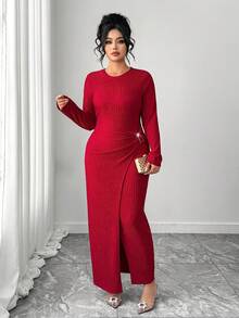 Elenzga Plus Size Women Elegant Red Modest Satin Party Dress,Autumn Long Sleeve Minimalist Ribbed Textured Fabric Metal Ring Decor Fitted Commute Daily Gown - Burgundy - View 3