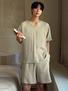 DAZY 男士米色短袖T恤短裤睡衣套装，夏季 - 米色 - 查看 6
