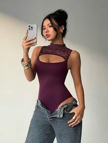 Aloruh 女士性感浪漫蕾丝拼接圆领修身连体衣 - 酒紅色 - 查看 6