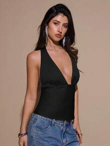 SHEIN BAE Women's Black V-Neck Backless Tie Tank Top, Satin Party Going Out Cocktail Top, Seksi Sexy Chic Club Summer Top, Formal Occasion Business Casual Wear - Black - View 4