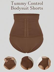 1pc Seamless High Waist Abdomen Control Waist Lifting Shaping Briefs With Front Opening Hook - Coffee Brown - View 4