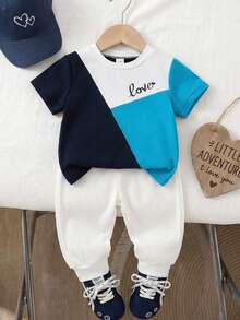 SHEIN Playful Pals 男婴字母印花撞色短袖T恤和裤子休闲套装 - 彩色 - 查看 7