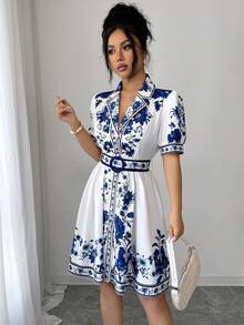 Rafferiza Bộ trang phục nghỉ mát lãng mạn, thanh lịch dành cho nữ, váy ngắn tay ngắn in hoa màu xanh trắng, eo thon, thích hợp cho mùa xuân/hè. - Nhiều màu - Xem 6