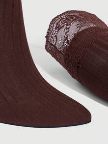 CUCCOO SZL Women's Contrast Lace Ribbed Elegant Pointed Toe Over-The-Knee High Heel Boots, Suitable For Daily Wear Valentine's Day - Chocolate Brown - View 4