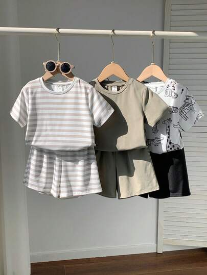 SHEIN 6pcs/Set Young Boys' Cute Casual Holiday Beach Dinosaur & Stripe Print T-Shirt & Shorts Set, Suitable For Spring/Summer, Daily, Sports, Outings, School, Parties, Festivals, Photoshoots