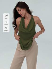 Aloruh Minimalist Commuter Halter Chic Plunging Neckline Bodycon Cami Top For Women - Army Green - View 8