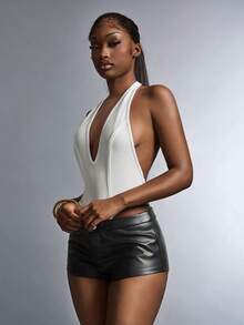 Amplova Women's Halter V-Neck Bodysuit, Backless Sexy & Avant-Garde, White Textured Fabric - White - View 6