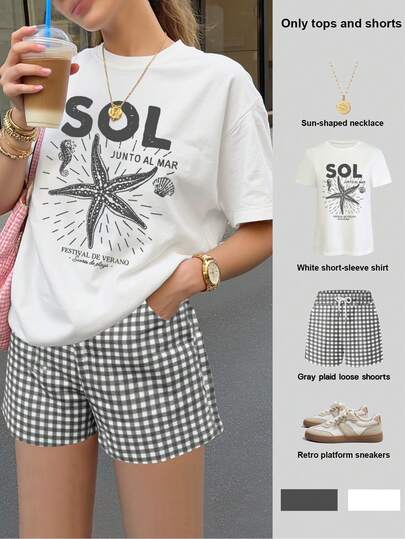 Sundraya 2pcs/Set Women Starfish & Letter Print T-Shirt And Shorts Set