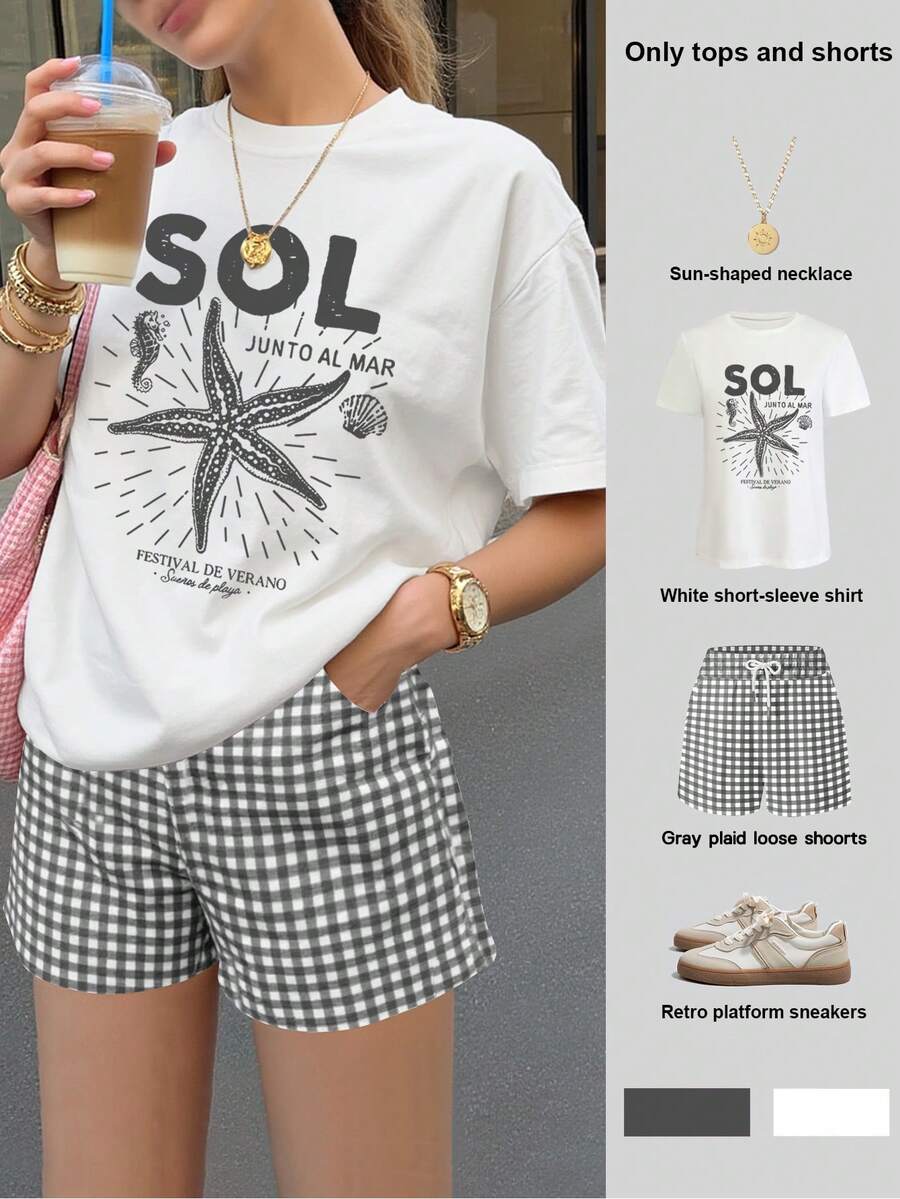 INAWLY 2件套 女士海星字母印花T恤和短裤套装 - 彩色 - 查看 1