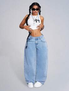 SHEIN ICON Women's Front Button Pocket Casual Denim Jeans, Everyday Wear Low Rise Straight Leg Baggy Jeans Women - Baby Blue - View 4