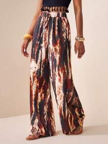 Zivah 2026春夏新款宽松高腰棕色扎染印花格子女裤，适合音乐节、复活节、波西米亚风、西部游牧风、休闲、海滩度假、日常穿着。 - 棕色 - 查看 3